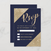 金ゴールドネイビーブルーフェイクグリッターセクインRSVP 招待状 (正面/裏面)