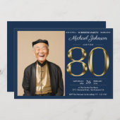 金ゴールドネイビーブルーフォトサプライズ80誕生日 招待状 (正面/裏面)