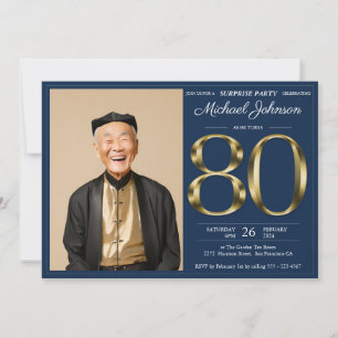 金ゴールドネイビーブルーフォトサプライズ80誕生日 招待状