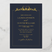 金ゴールドネイビーブルーフローラ縁どモノグラ結婚ム 箔招待状 (正面)