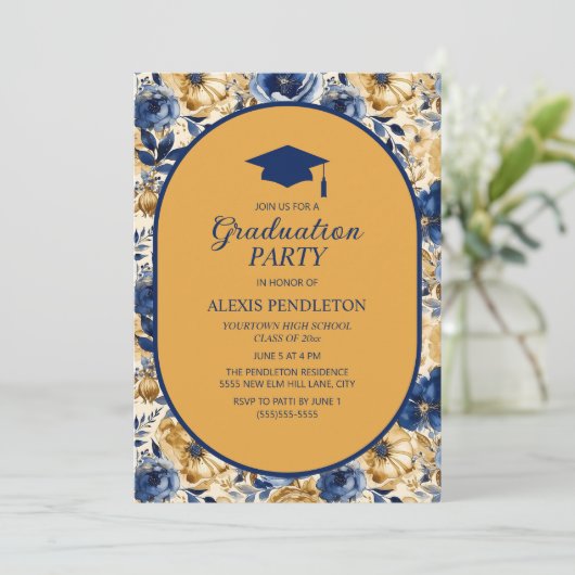 金ゴールドネイビーブルーフローラ高校卒業式キャップ 招待状 (スタンド正面)