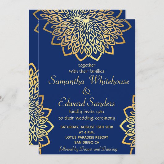 金ゴールドネイビーブルーマンダラ結婚式招待状 招待状 (正面/裏面)