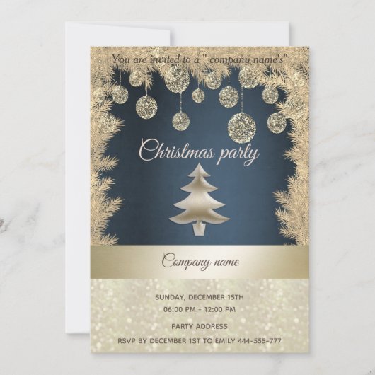金ゴールドネイビーブルー企業のクリスマスパーティー 招待状 (正面)