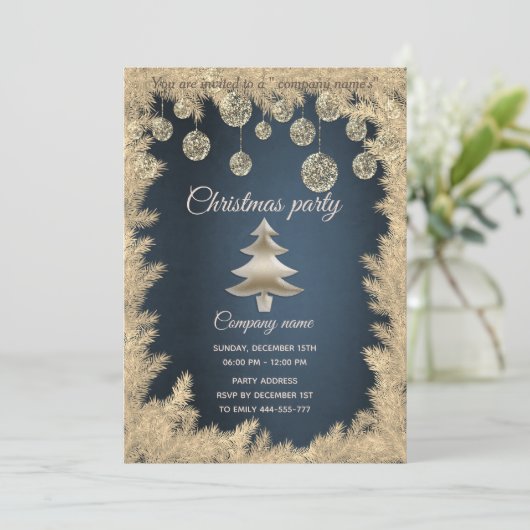 金ゴールドネイビーブルー企業のクリスマスパーティー 招待状 (スタンド正面)