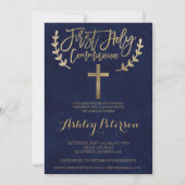 金ゴールドネイビーブルー水彩第一聖餐式 招待状 (正面)