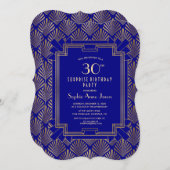 金ゴールドネイビーブルー素晴らしギャツビーアールデコ誕生日 招待状 (正面/裏面)