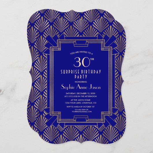 金ゴールドネイビーブルー素晴らしギャツビーアールデコ誕生日 招待状 (正面/裏面)