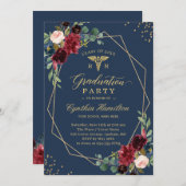 金ゴールドネイビーブルーRN卒業生のフローラ卒業 招待状 (正面/裏面)