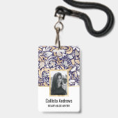 金ゴールドネイビーホワイトフローラリーフイラストレーションパターン バッジ (Front with Lanyard)
