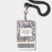 金ゴールドネイビーホワイトフローラリーフイラストレーションパターン バッジ (Back with Lanyard)