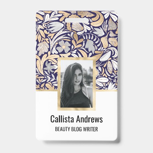 金ゴールドネイビーホワイトフローラリーフイラストレーションパターン バッジ (Front)