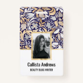 金ゴールドネイビーホワイトフローラリーフイラストレーションパターン バッジ (正面)