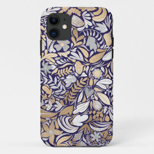 金ゴールドネイビーホワイトフローラリーフイラストレーションパターン iPhone 11 ケース