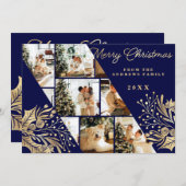 金ゴールドネイビーメリークリスマスフローラ写真コラージュ シーズンカード (正面/裏面)
