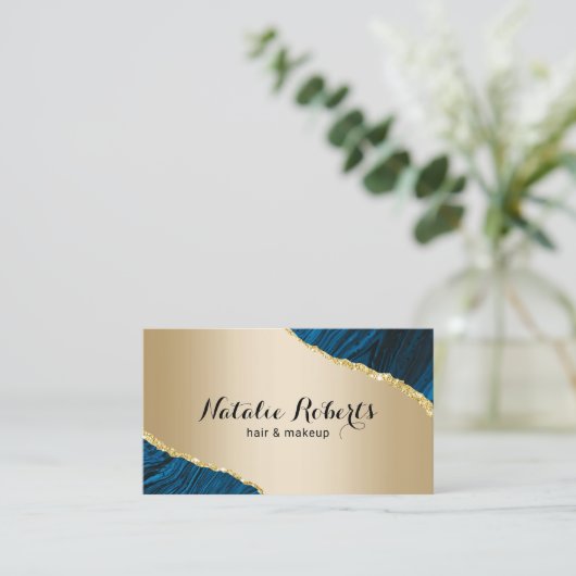 金ゴールドネイビーモダンアゲートメイクアップアーティストヘアサロン 名刺 (スタンド正面)