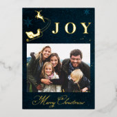 金ゴールドネイビーモダンブルースカイ写真ファミリークリスマス 箔シーズンカード (正面)