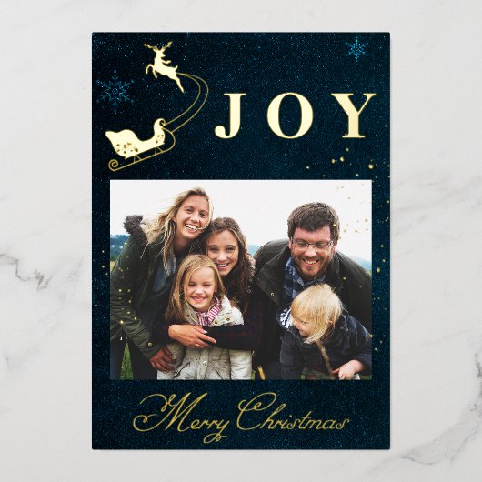 金ゴールドネイビーモダンブルースカイ写真ファミリークリスマス 箔シーズンカード (正面)