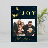 金ゴールドネイビーモダンブルースカイ写真ファミリークリスマス 箔シーズンカード (立ち正面)