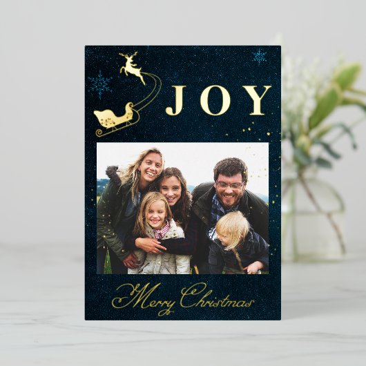 金ゴールドネイビーモダンブルースカイ写真ファミリークリスマス 箔シーズンカード (立ち正面)