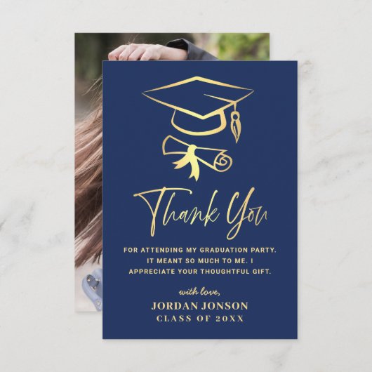 金ゴールドネイビーモダンブルー卒業写真 サンキューカード (正面/裏面)