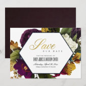 金ゴールドネイビーヴィンテージレトロブルゴーニュオークル秋フローラ セーブザデート (正面/裏面)