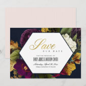 金ゴールドネイビーヴィンテージレトロブルゴーニュオークル秋フローラ セーブザデート (正面/裏面)