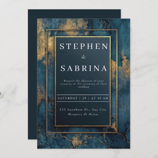 金ゴールドネイビー抽象芸術結婚式招待状 招待状 (正面/裏面)