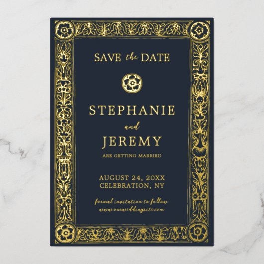 金ゴールドネイビー植物学フローラ保存日 箔招待状 (正面)