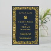 金ゴールドネイビー植物学フローラ保存日 箔招待状 (立ち正面)