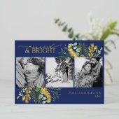 金ゴールドネイビー結婚したブルー&ブライト白黒写真 箔シーズンカード (立ち正面)