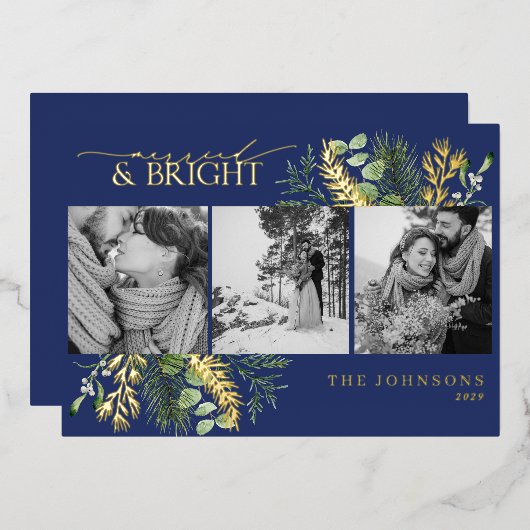 金ゴールドネイビー結婚したブルー&ブライト白黒写真 箔シーズンカード (正面/裏面)