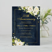 金ゴールドネイビー結婚バタフライ50周年 箔招待状 (立ち正面)