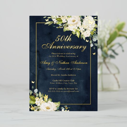 金ゴールドネイビー結婚バタフライ50周年 箔招待状 (立ち正面)