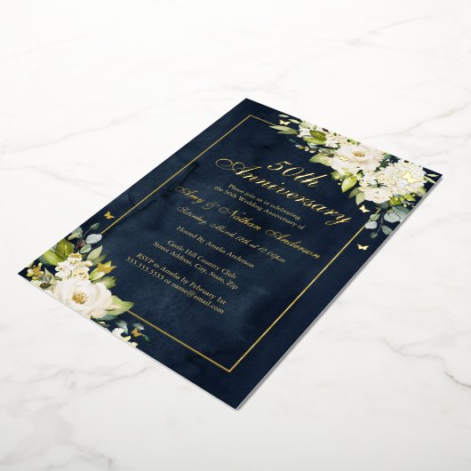 金ゴールドネイビー結婚バタフライ50周年 箔招待状 (回転した状態)