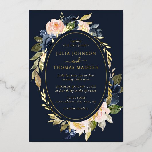 金ゴールドネイビー結婚赤面のフローラの葉 箔招待状 (正面)