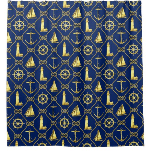 金ゴールドネイビー航海のブルーシクルロープデコール シャワーカーテン (正面)