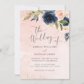 金ゴールドネイビー赤面スパークルフローラ水色結婚の 招待状 (正面)