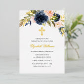 金ゴールドネイビー赤面フローラガールバプテスマ 箔招待状 (立ち正面)