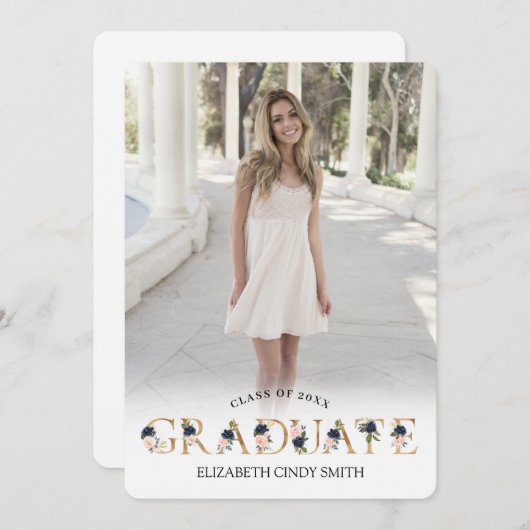 金ゴールドネイビー赤面フローラレター卒業写真 招待状 (正面/裏面)