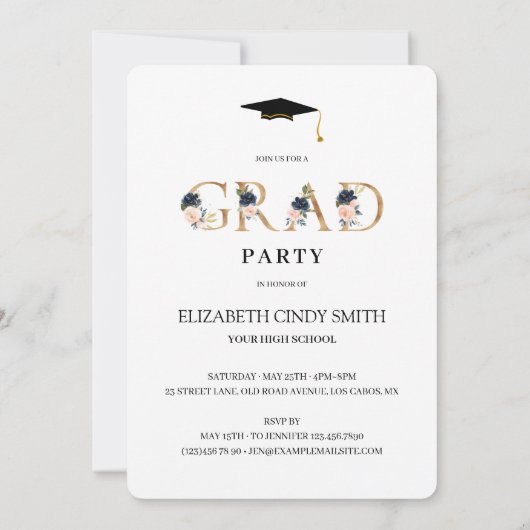 金ゴールドネイビー赤面フローラレター卒業写真 招待状 (裏面)