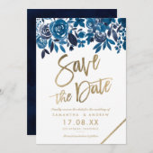 金ゴールドネイビー青フローラ水の色は日付を保存 セーブザデート (正面/裏面)