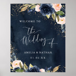 金ゴールドネイビーSparkleフローラウェルカム結婚ズ ポスター