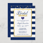 金ゴールドネービ航海のーブルーストライプブライダルシャワー 招待状 (正面/裏面)
