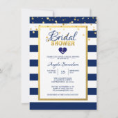 金ゴールドネービ航海のーブルーストライプブライダルシャワー 招待状 (正面)