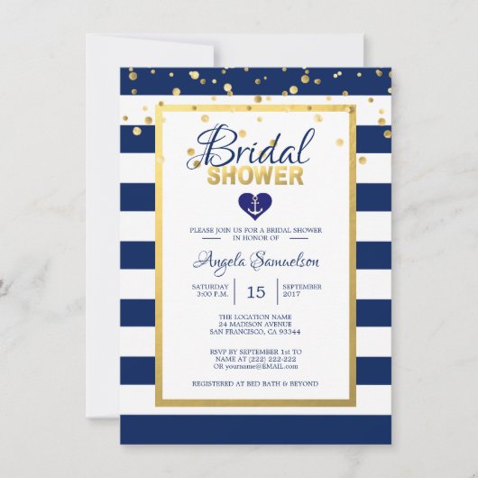 金ゴールドネービ航海のーブルーストライプブライダルシャワー 招待状 (正面)