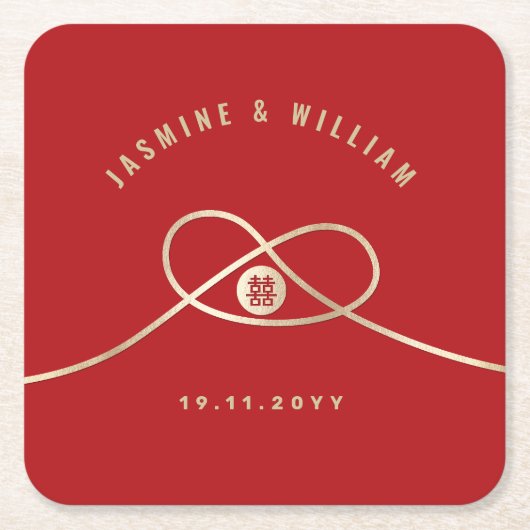 金ゴールドノットユニオンダブル幸福中国の結婚ズ スクエアペーパーコースター (正面)