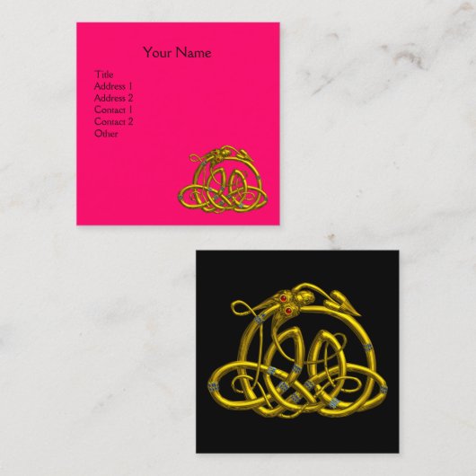 金ゴールドハイパードラゴンケルト結び目模様、ピンク明るい赤紫色ブラック スクエア名刺 (正面/裏面)