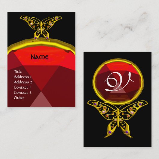 金ゴールドハイパーバタフライジュエル、赤ルビーモノグラムブラック 名刺 (正面/裏面)