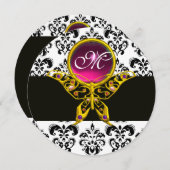 金ゴールドハイパーバタフライモノグラム、白黒ダマスク 招待状 (正面/裏面)