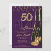 金ゴールドハイヒールエレガントパープル50素晴らしい誕生日 招待状 (正面)